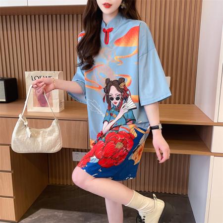 PF1296#涤纶100%国潮风改良旗袍小众设计感中长款短袖t恤女