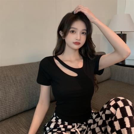 PF1305#夏季大码胖MM设计感镂空性感短袖T恤修身显瘦短款上衣M-4XL200斤