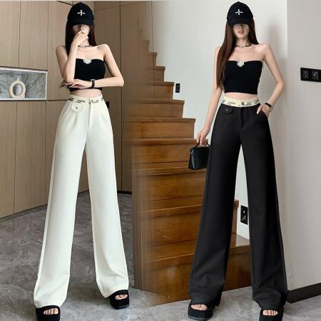 PF1310#小香风西装阔腿裤女春夏新款欧货设计感字母腰头显瘦垂感拖地裤潮