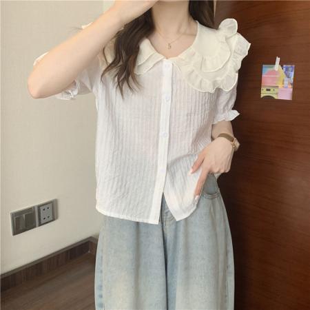 PF1315#大码300斤娃娃领衬衫短袖女夏法式小众减龄洋气独特别致短款上衣