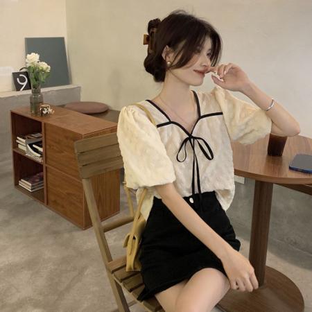 PF1316#胖mm特大码300斤方领短款上衣女夏设计感小众衬衣新款泡泡袖衬衫