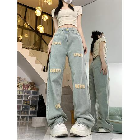 PF1321#字母刺绣直筒牛仔裤女秋冬新款小个子高腰显瘦休闲长裤子