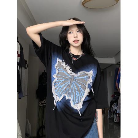 PF1327#纯棉美式甜酷流苏蝴蝶圆领t恤夏季宽松短袖上衣女