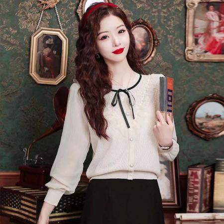 PF1332#新款雪纺拼接欧根纱针织衬衫港风蝴蝶结设计小衫