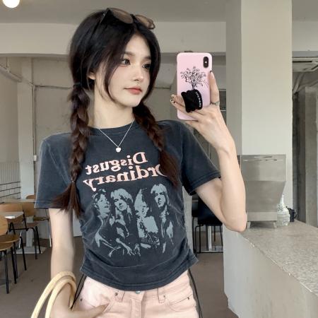 PF1334#大码复古做旧印花短袖T恤女夏季设计感抽绳短款上衣 