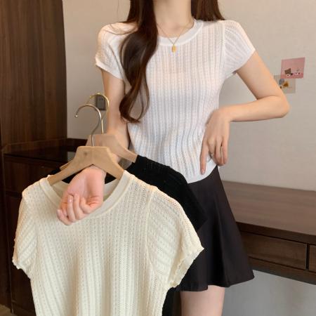 PF1336#大码女装 新款短袖针织衫胖MM显瘦圆领设计宽松型小衫