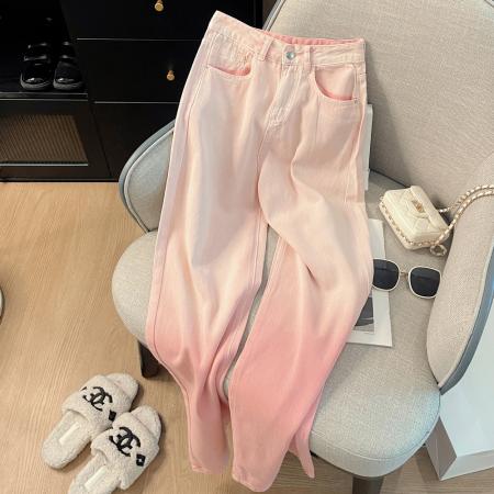 PF1350#春夏新减龄多巴胺渐变粉高腰直筒宽松显瘦阔腿拖地牛仔长裤女