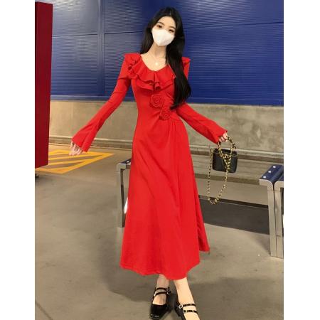 PF1363#新款胖mm新中式复古红可拆卸玫瑰针织连衣裙显瘦长裙子女