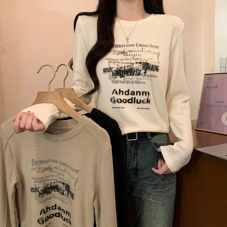 PF1379#螺纹 长袖t恤女春秋薄款圆领印花打底衫上衣大码女装