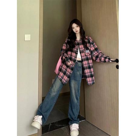 PF1381#美式复古甜酷格子长袖衬衫女 新款设计感小众宽松衬衣外套