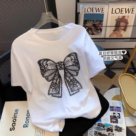 PF1382#大牌外贸女装专柜夏季美式复古蝴蝶结短袖T恤女chic港味上衣