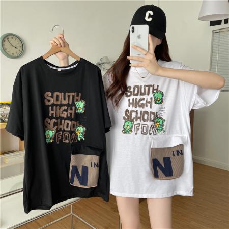 PF1383#包领夏季新款宽松口袋设计感大码短袖t恤女