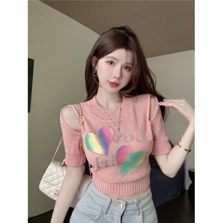 PF1385#重工烫钻镂空露肩短袖针织衫女设计感小众夏季纯欲甜辣妹短款上衣