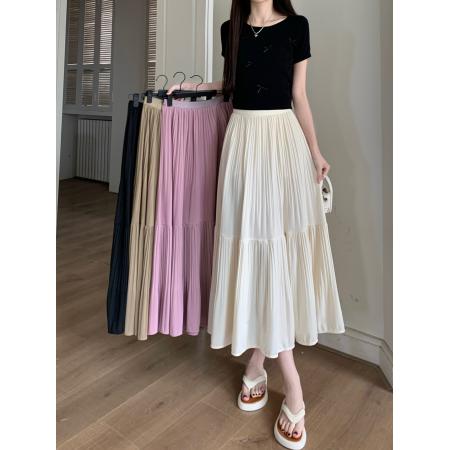 PF1387#新款高腰显瘦拼接a字百褶半身裙垂坠感遮胯中长款大摆裙