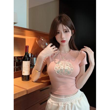 PF1393#新中式国风女夏季复古圆领刺绣旗袍扣短袖T恤