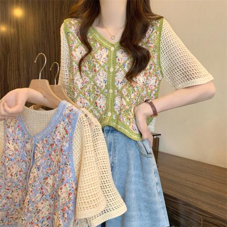 PF1394#新版韩风镂空钩花设计感针织短袖小开衫