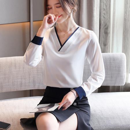 BY07#洋气设计感春秋季新款女装撞色雪纺衫上衣V领衬衫打底衫衬衣