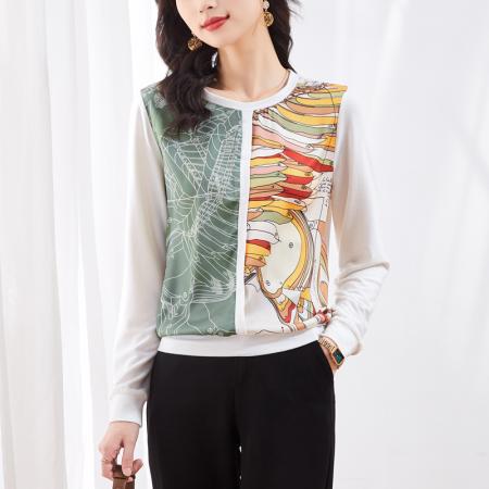 PF1395#新款针织女长袖2024春秋新款高端缎面印花套头毛衣休闲上衣