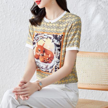 PF1397#蚕丝上衣女短袖2024夏季新款显瘦印花真丝邹气质短袖T恤