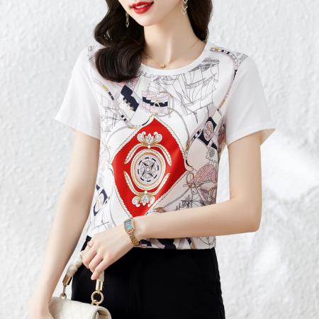 PF1398#重磅缎面真丝 新款数码印花宽松圆领韩版时尚T恤上衣