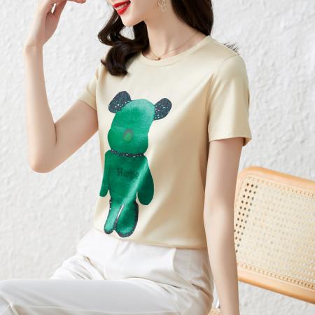 PF1399#重磅缎面真丝 新款数码印花宽松圆领韩版时尚T恤上衣