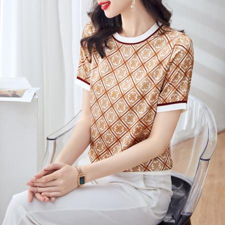 PF1400#高端缎面上衣女短袖 夏季新款显瘦印花真丝邹气质半袖T恤