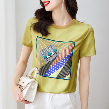 PF1401#重磅缎面真丝 新款数码印花宽松圆领韩版时尚T恤上衣