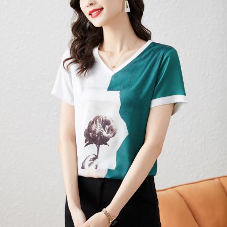PF1403#重磅缎面真丝 新款数码印花宽松圆领韩版时尚T恤上衣