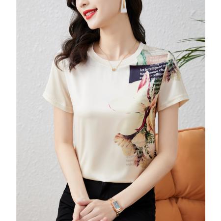 PF1405#蚕丝上衣女短袖 夏季新款显瘦印花真丝邹气质半袖T恤