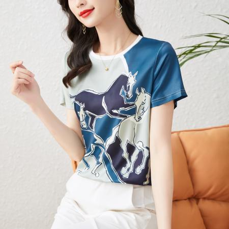 PF1406#蚕丝上衣女短袖 夏季新款显瘦印花真丝邹气质半袖T恤