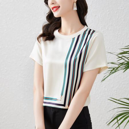 PF1409#重磅缎面真丝 新款数码印花宽松圆领韩版时尚T恤上衣