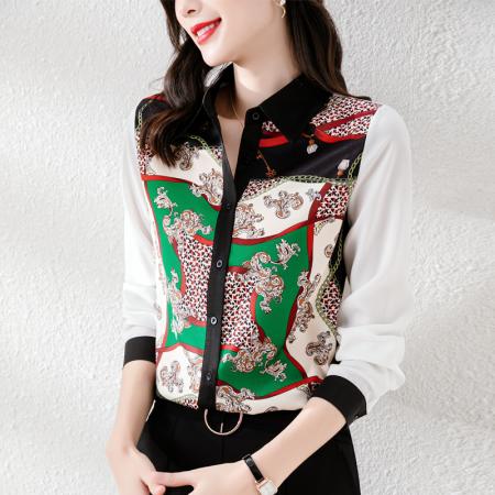 PF1411#新款高端缎面翻领宽松撞色气质衬衫休闲印花设计上衣