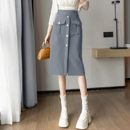 PF1420#新款休闲百搭过膝遮胯双口袋OL显瘦中长款半身职业裙