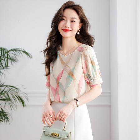 PF1424#夏高端雪纺T恤女短袖渐变流线印花气质小衫圆领套头上衣