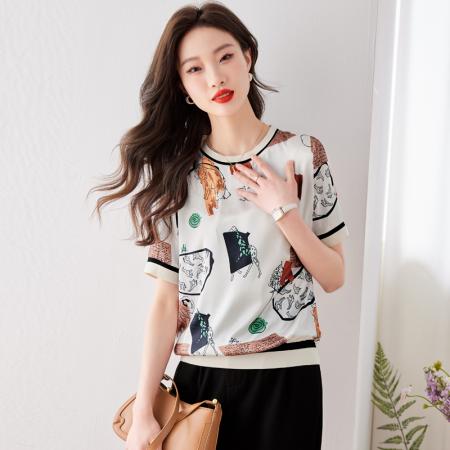 PF1427#蚕丝上衣女短袖 夏季新款显瘦印花仿真丝邹气质半袖T恤