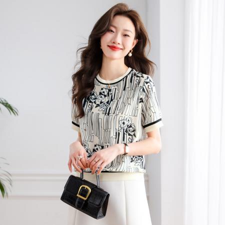 PF1428#蚕丝上衣女短袖 夏季新款显瘦印花仿真丝邹气质半袖T恤