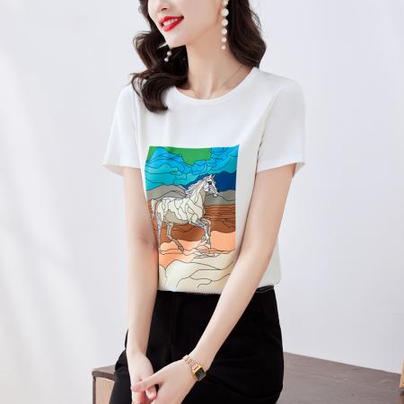 PF1429#重磅缎面真丝 新款数码印花宽松圆领韩版时尚T恤上衣