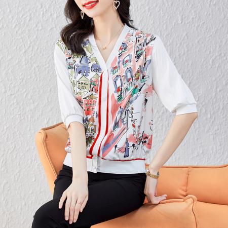 PF1430#新款高端锻面数码印开衫V领时尚防嗮衣半袖外搭休闲上衣