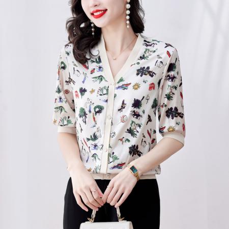 PF1431#新款高端锻面数码印开衫V领时尚防嗮衣半袖外搭休闲上衣