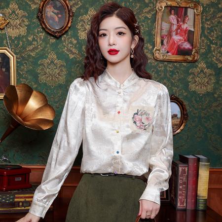 PF1436#新中式立领刺绣长袖提花衬衫女 新款宫廷风上衣