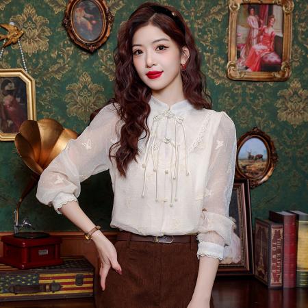 PF1437#刺绣新中式国风流苏衬衫女 新款复古设计感盘扣上衣