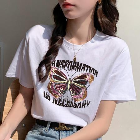 PF1443#纯棉白色正肩短袖t恤女宽松简约百搭上衣 夏季潮流印花打底衫