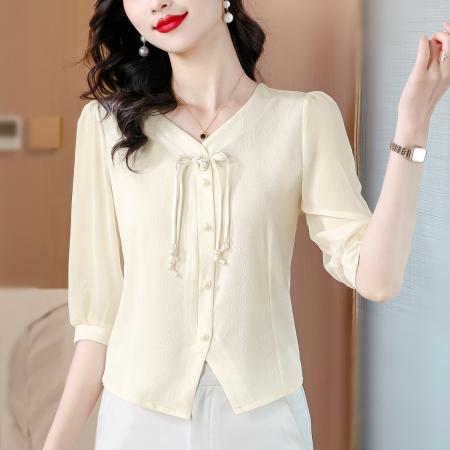 PF1459#V领新中式国风盘扣中袖雪纺衫女收腰显瘦短款上衣