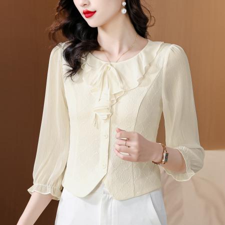 PF1460#法式荷叶边七分袖雪纺衫女别致漂亮显瘦短款上衣