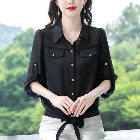 PF1461#气质显瘦黑色九分袖雪纺衬衫女下摆打结洋气上衣