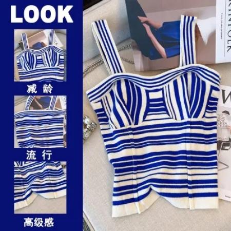 PF1486#设计感小众条纹针织吊带背心女夏季新款复古气质无袖上衣卡腰小衫
