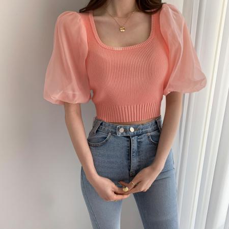 PF1488#韩国chic小众复古显瘦方领露锁骨网纱拼接设计泡泡袖针织衫上衣女