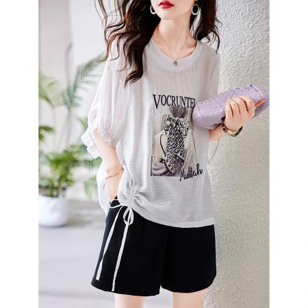 PF1490#短袖雪纺衬衫女夏薄欧货宽松大码小衫洋气减龄胖mm显瘦设计感上衣