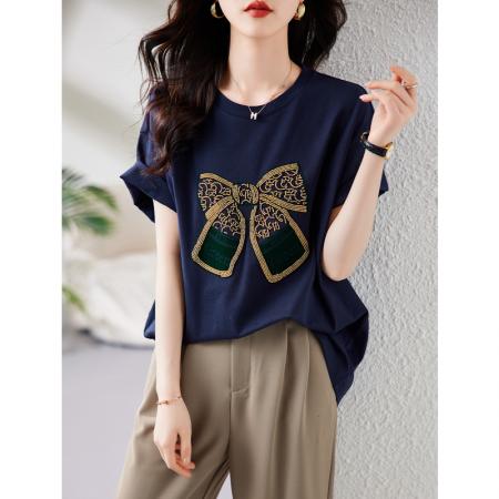 PF1491#钉珠短袖t恤女夏 新款欧货宽松大码半袖体恤显瘦胖mm遮肚上衣