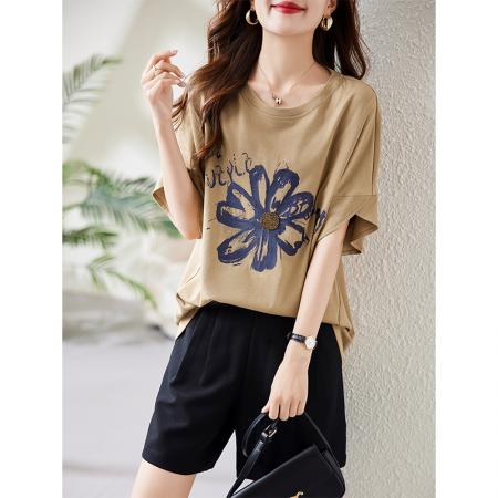 PF1492#短袖t恤女夏 新款欧货宽松半袖体恤胖mm遮肚洋气减龄显瘦上衣